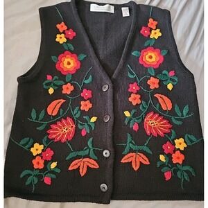 Vintage Black Knit Sweater Vest Embroidered Flowers Dark Cottage Core Boho 90s M